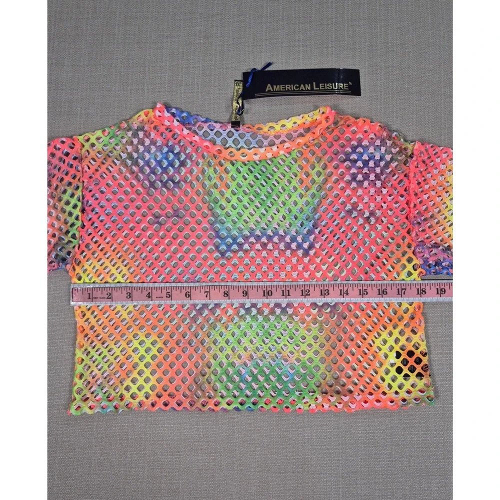 American Leisure Rainbow Tie Dye Fishnet Crop Top and Shorts Set XXL New